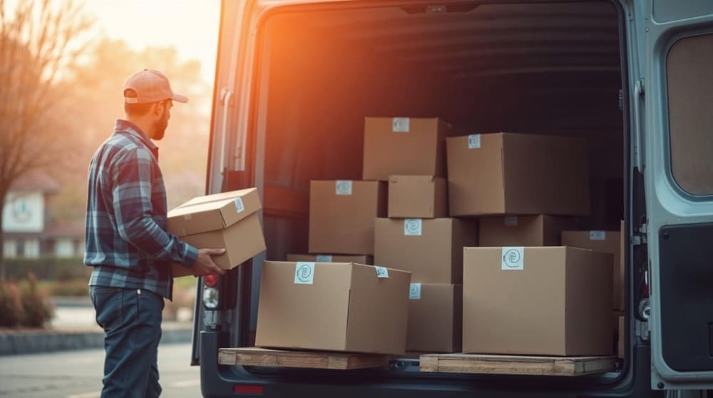 Încărcarea coletelor într-o autoutilitară de transport marfă